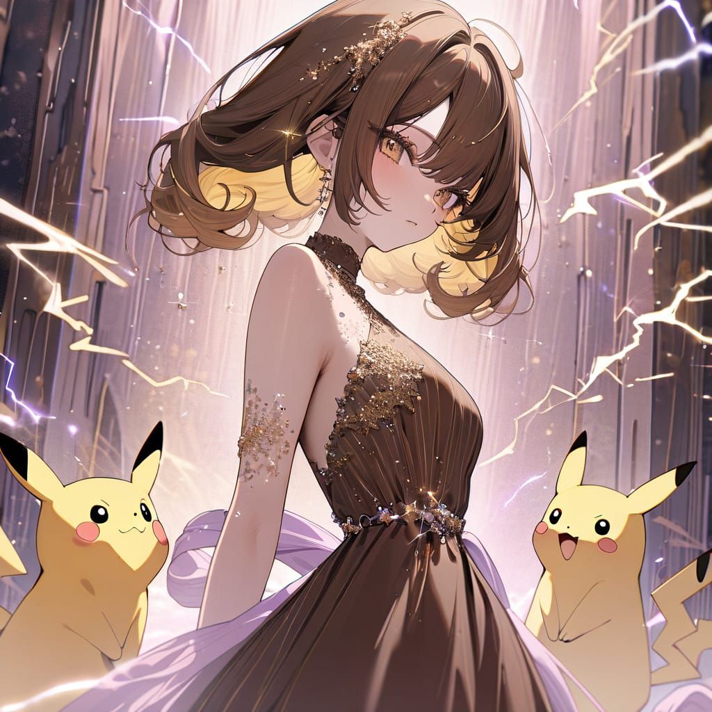 Ethereal Anime Girl Encircled by Pikachu in Whimsical Scene