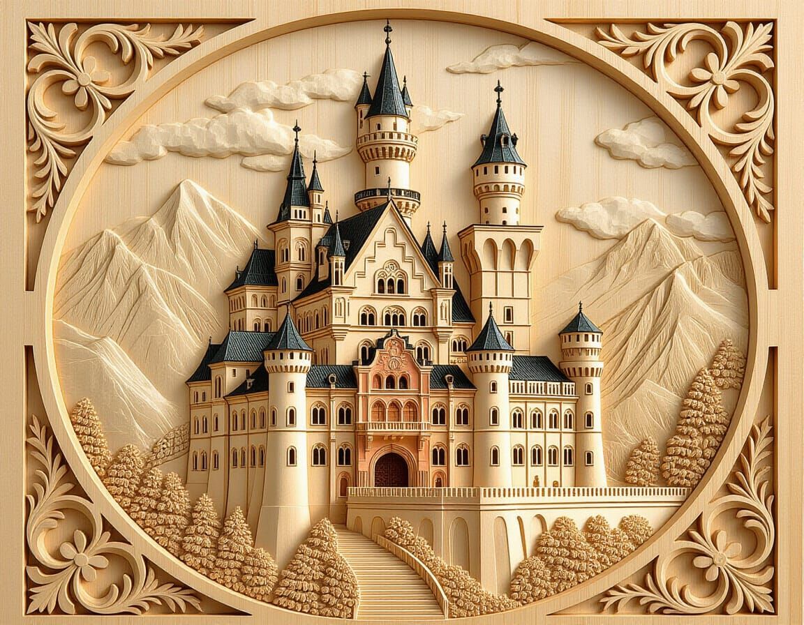 Neuschwanstein Castle Wood Bas Relief, Art Nouveau Style