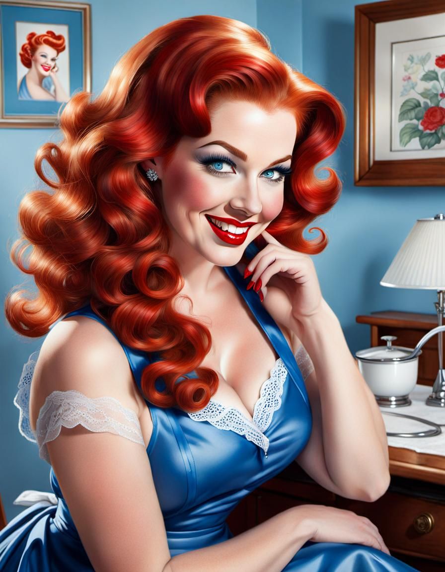 Retro 1950s Pinup Housewife in Vargas Style