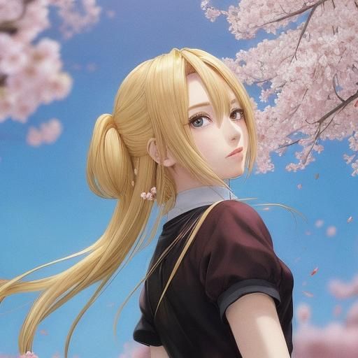 Blonde Anime Girl Surrounded by Cherry Blossoms