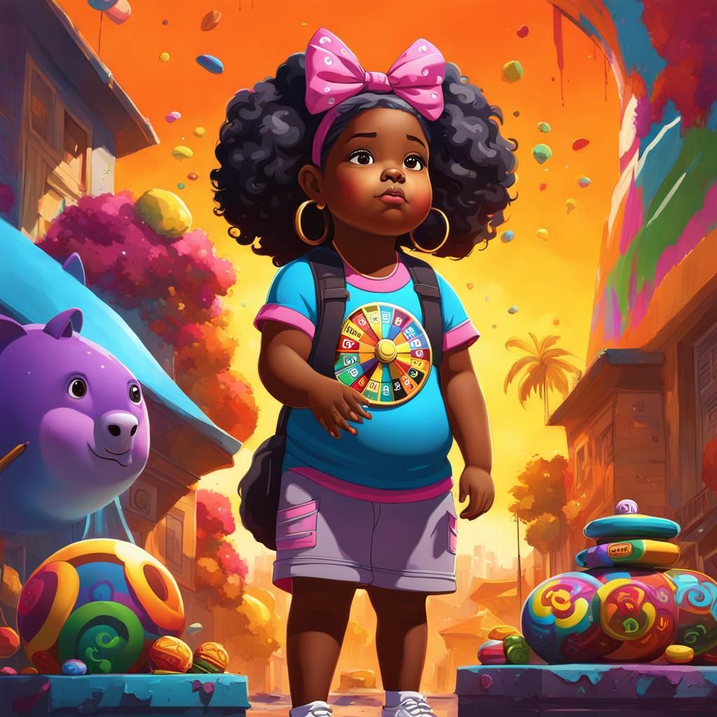 Girl Watching Wheel of Fortune in Graffiti Art Style