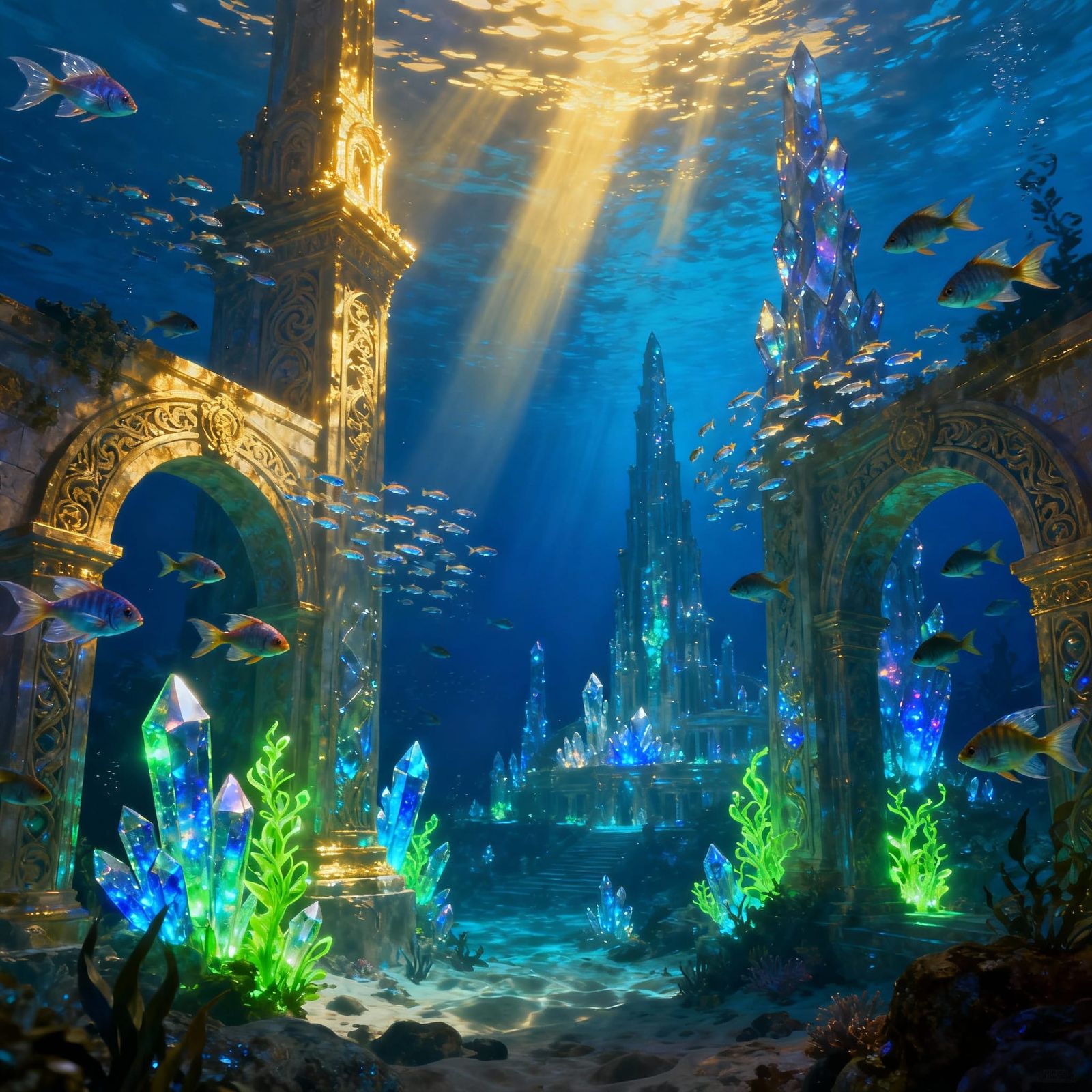 Submerged Atlantis: Crystal City in Deep Ocean Light