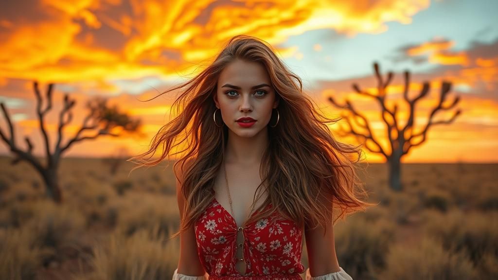 Outback Sunset Girl: Hyperrealistic Digital Art