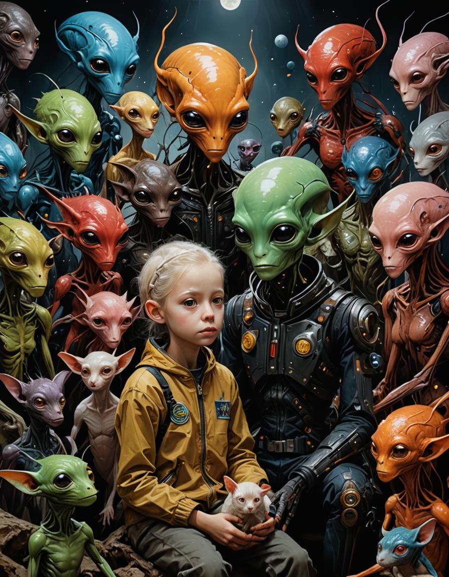 Surreal Alien Portraits with Bizarre Pets in Cosmic Scenes