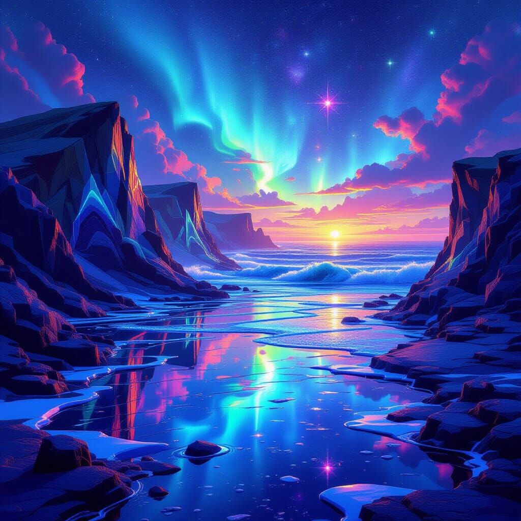 Galactic Fractal Coastline with Neon Waves