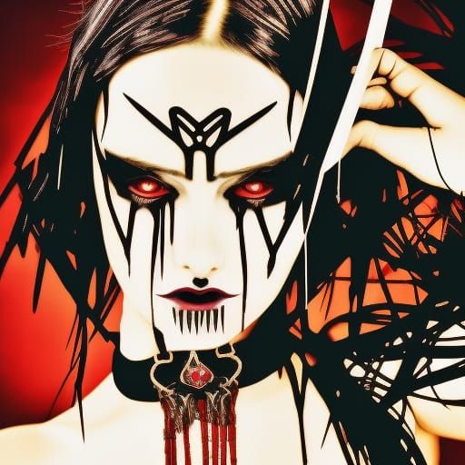 young lady with gothic make up beautifully done& long black hair& red eyes& spiked choker around her neck& Metalhead vib...