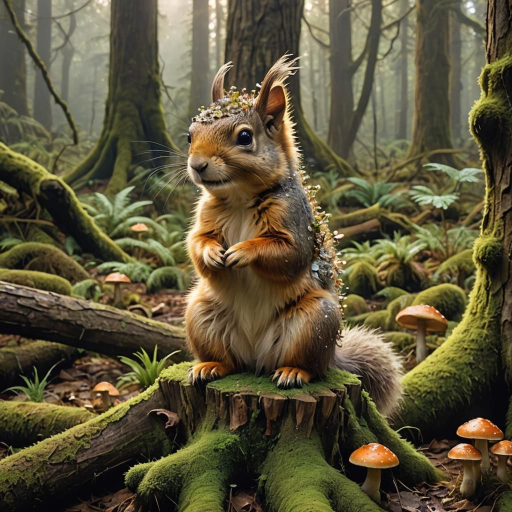 Golden Squirrel-Dog in Misty Surreal Forest