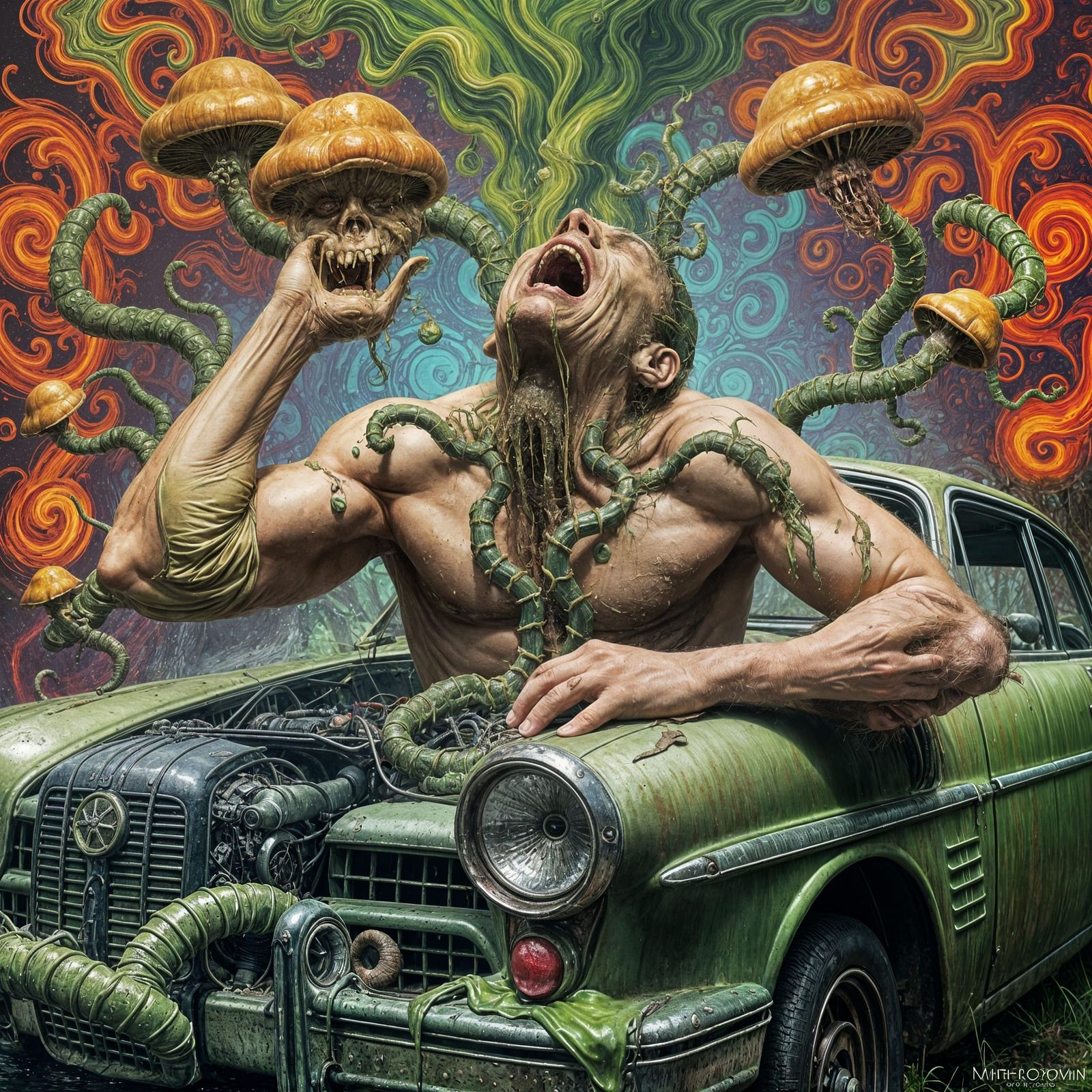 Toxic Swamp Consumes Mechanic in Psychedelic Nightmare