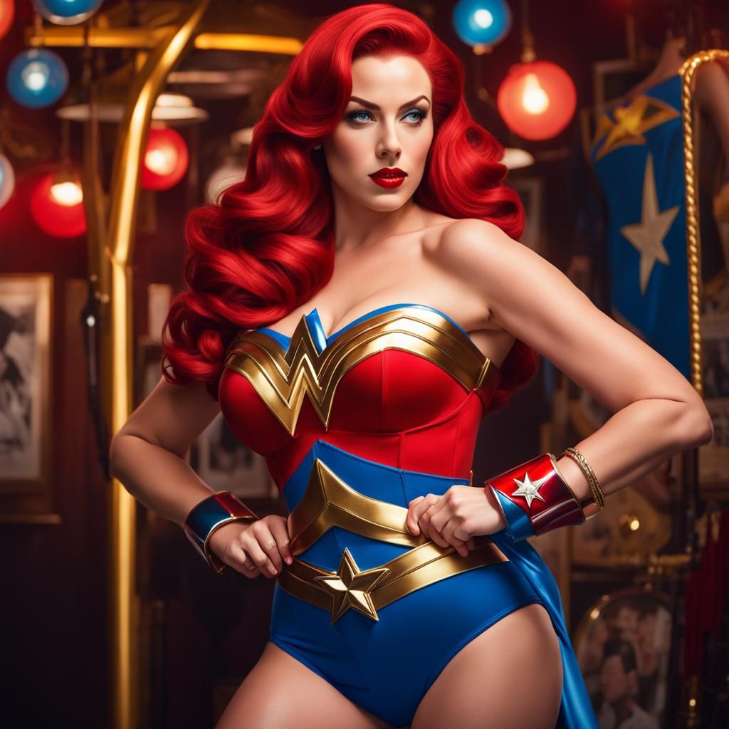 "A hyper-realistic SDXL image of Jessica Rabbit striking a classic pin-up pose. She wears a modified Wonder Woman costu...