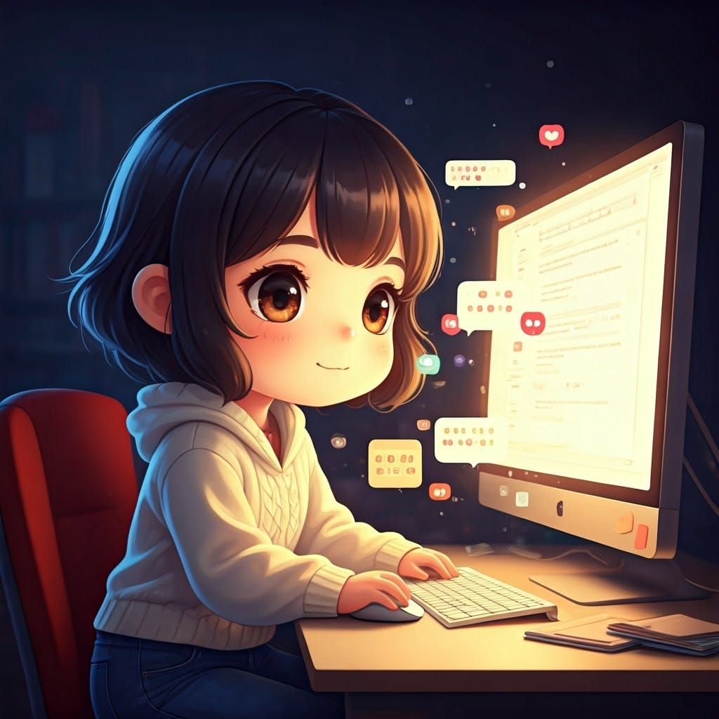 Anime Chibi Woman Amidst Digital Chaos