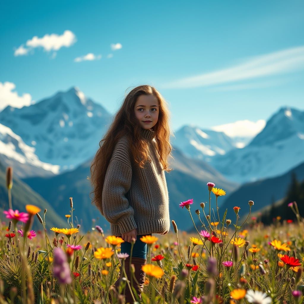 Girl in Cozy Sweater Admires Wildflowers in Serene Mountain ...