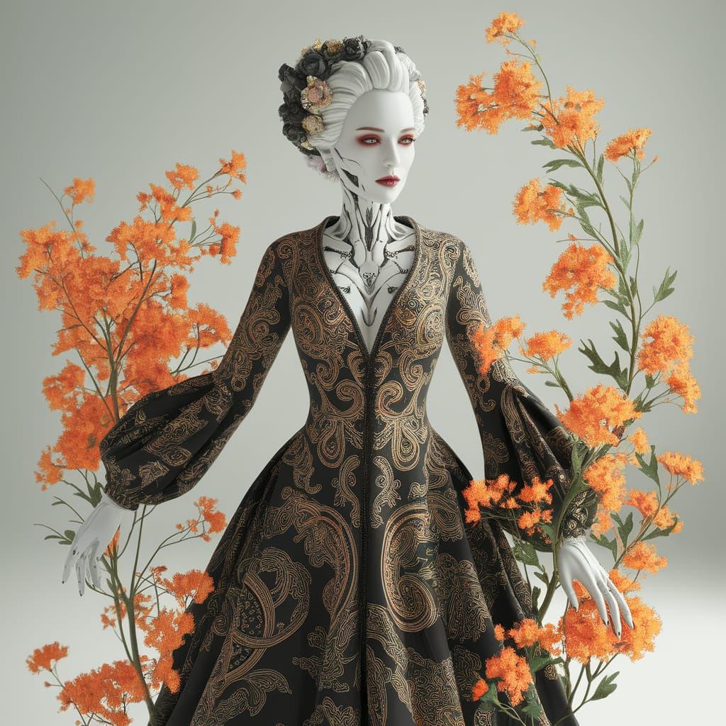 Person with porcelain cyborg features, wearing intricately p...