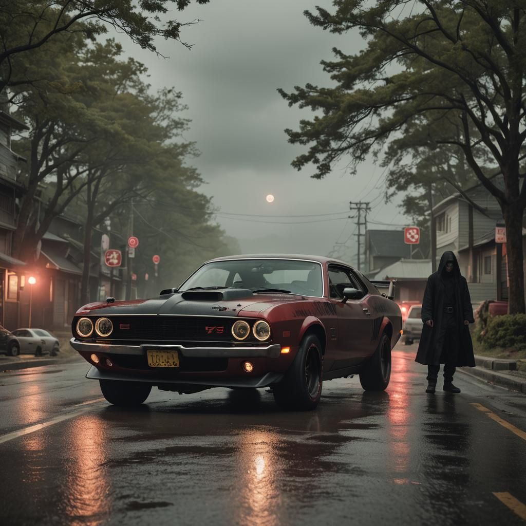 Dramatic Hellcat Car with Cloak in a Cinematic Style