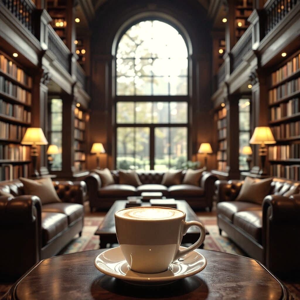 Relaxing Latte in Cozy Library on Rainy Day