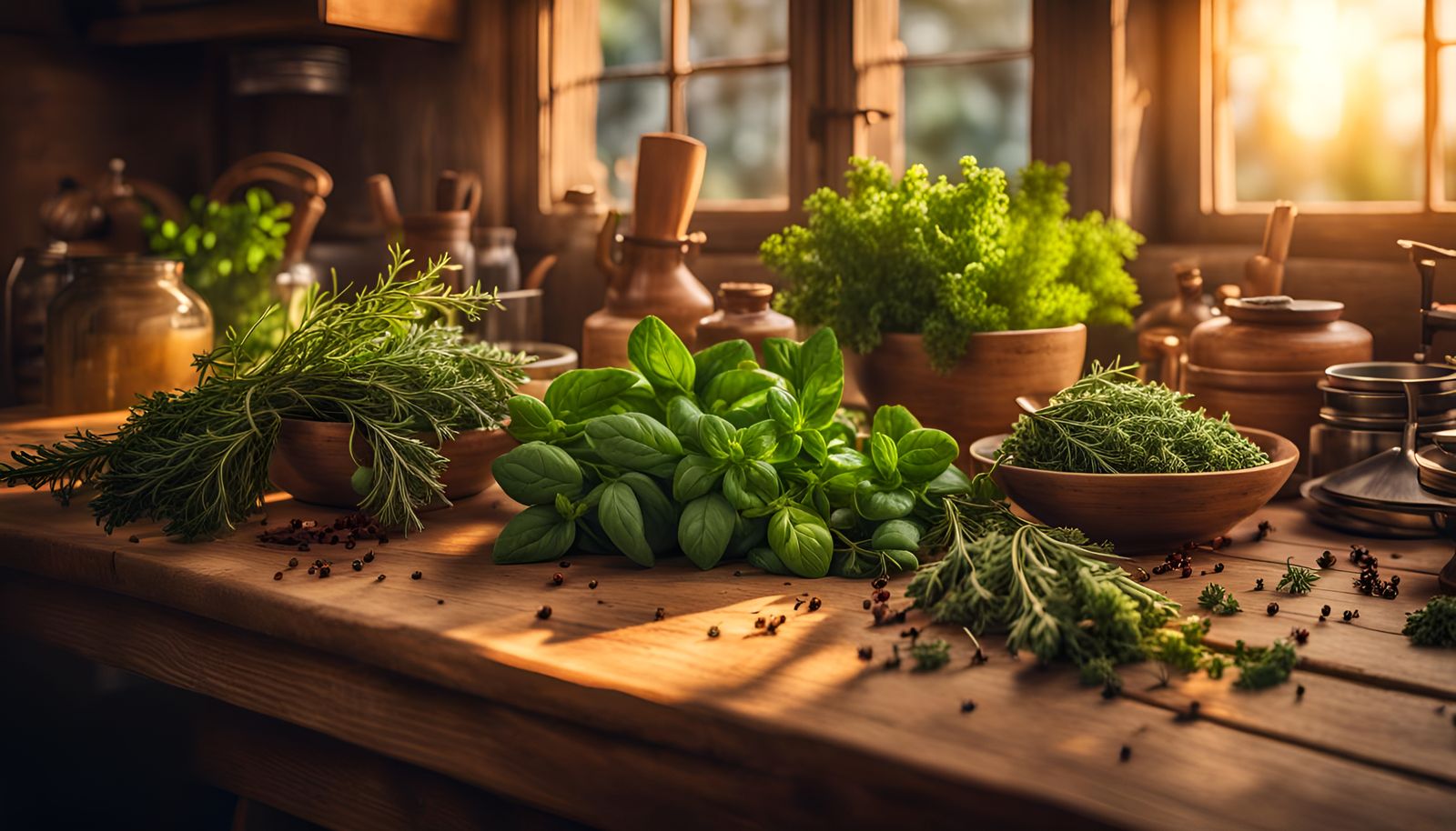 Fresh Herbs on Wooden Table at Golden Hour