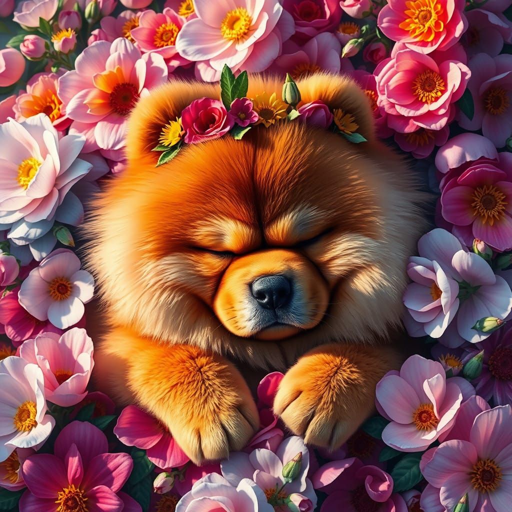 Serene Chow Chow in Vibrant Floral Paradise