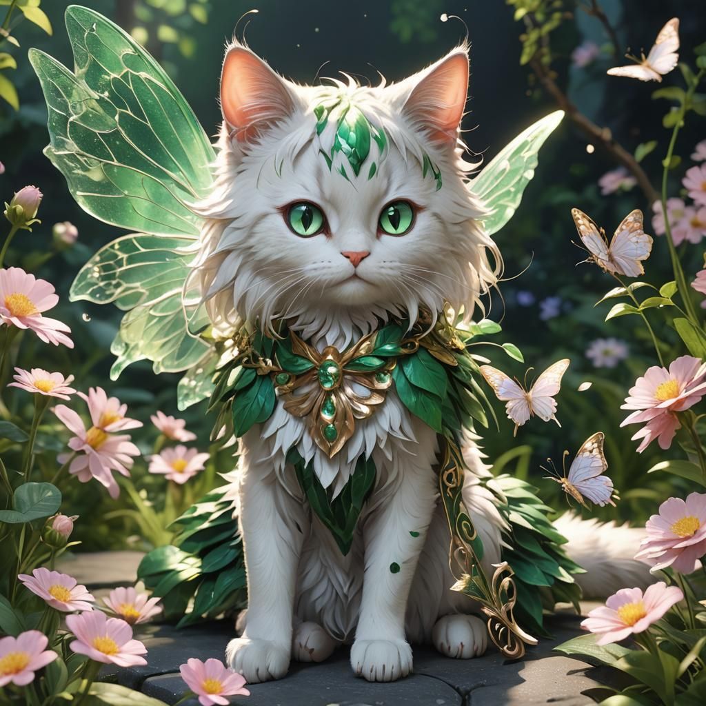 Cute Fairy on Emerald Cat: 3D Anime Art