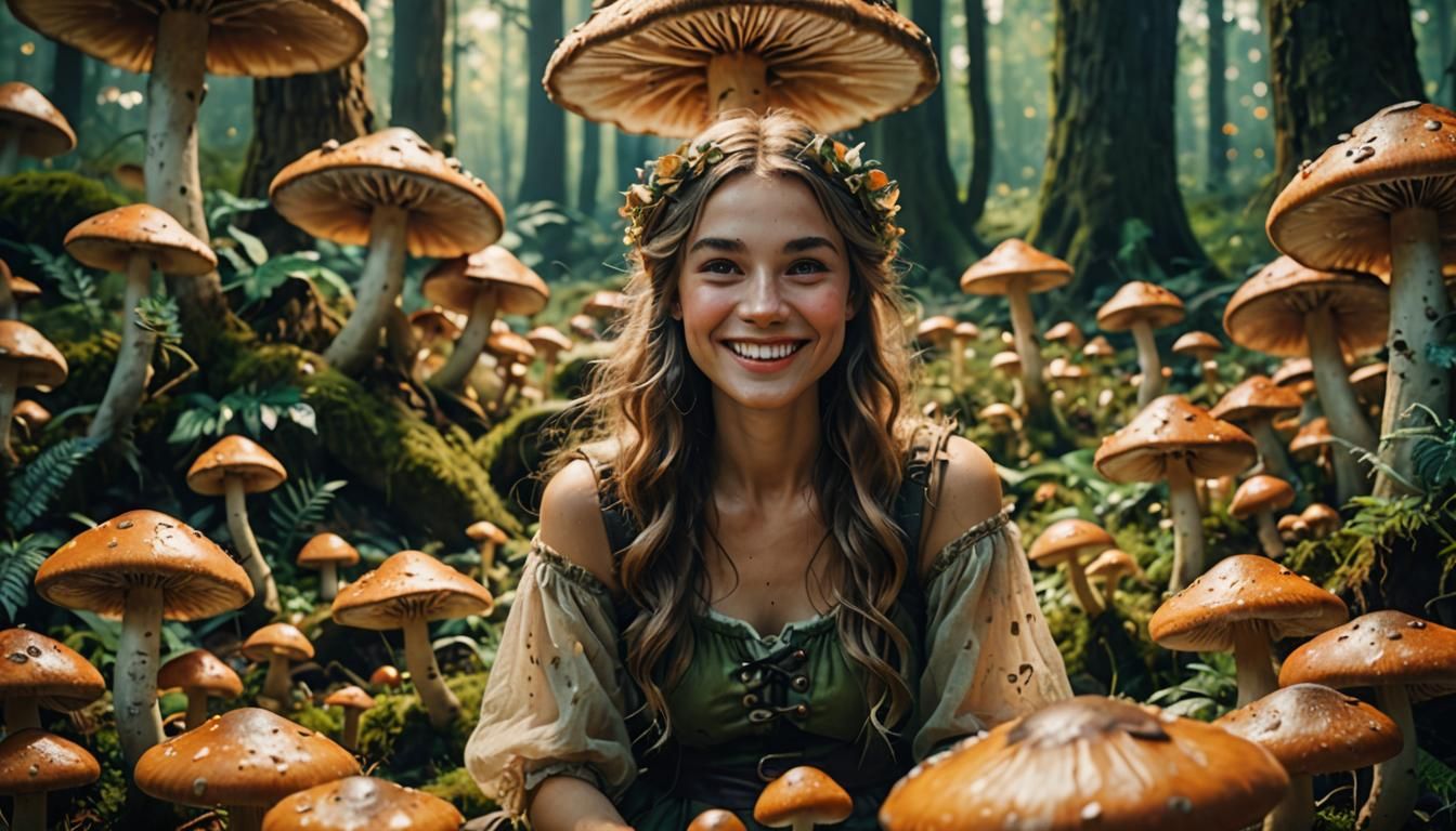 Smiling Fairy Among Mushrooms in Cinematic Style