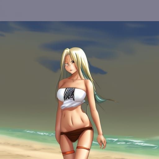 Anime Girl on Beach in Blue Bikini