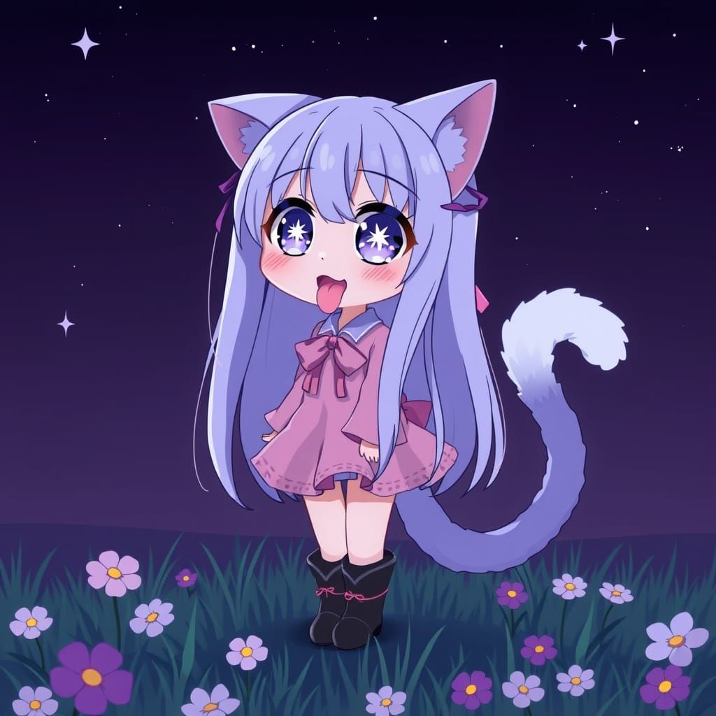 Adorable Anime Catgirl in a Whimsical Nighttime Scene
