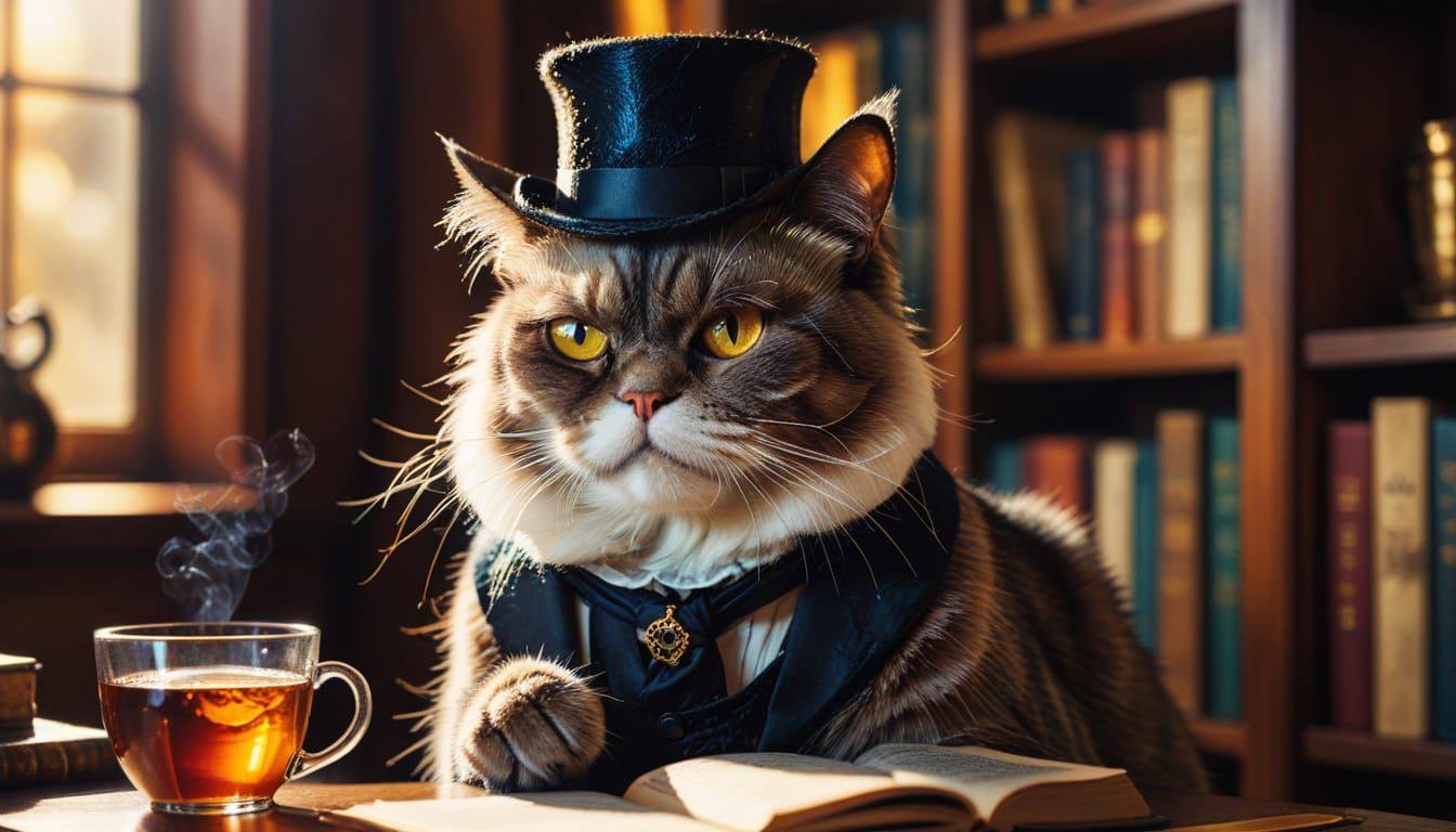 Grumpy Cat Sipping Tea in Alcohol Ink Style