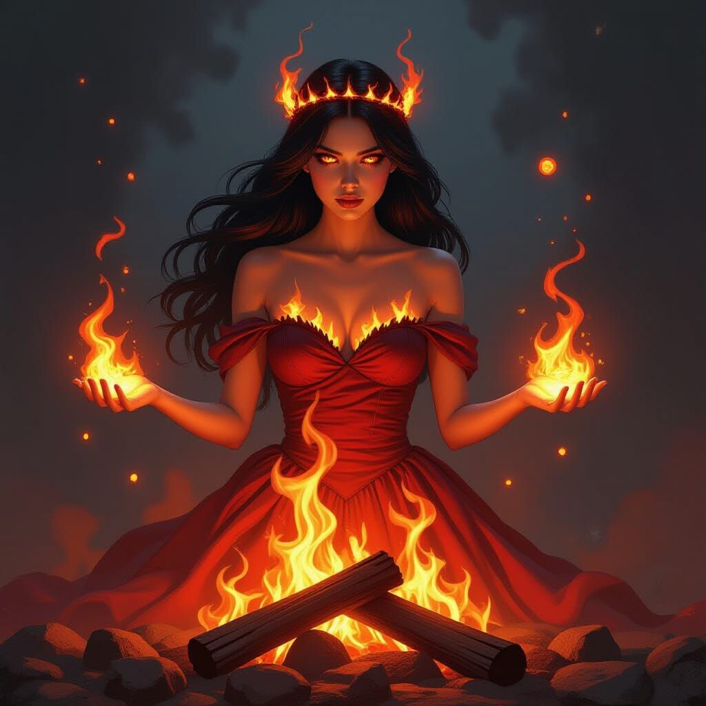 Fiery Demon Woman in Burning Dress Hovering Over Bonfire