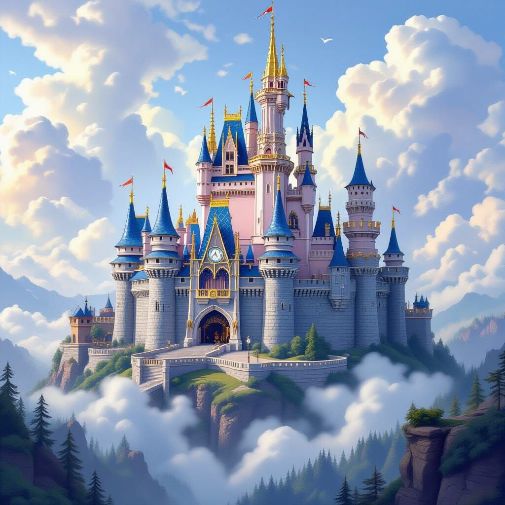 Magnificent Castle Flying in Mid-Air: A Fantasy Scene