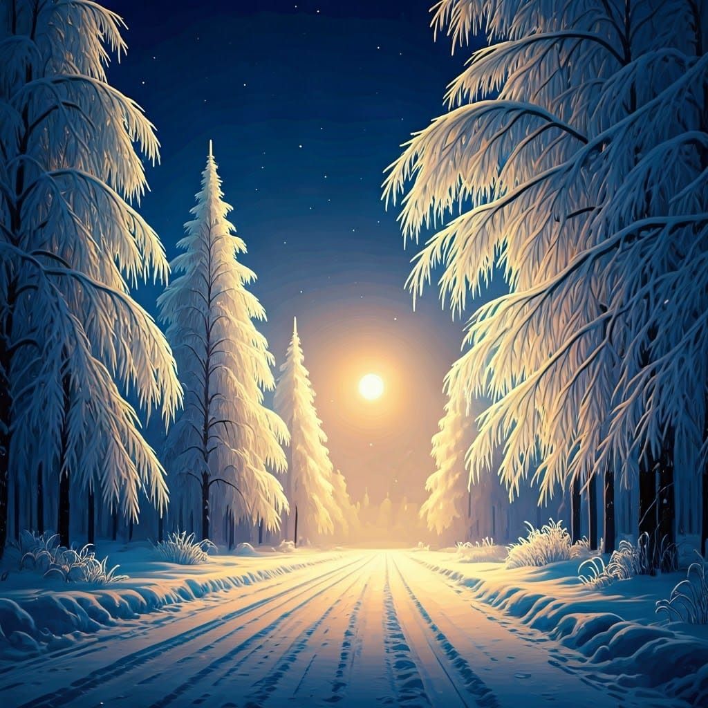 Winter Road Under Moonlight: A Hyperrealistic Digital Painti...