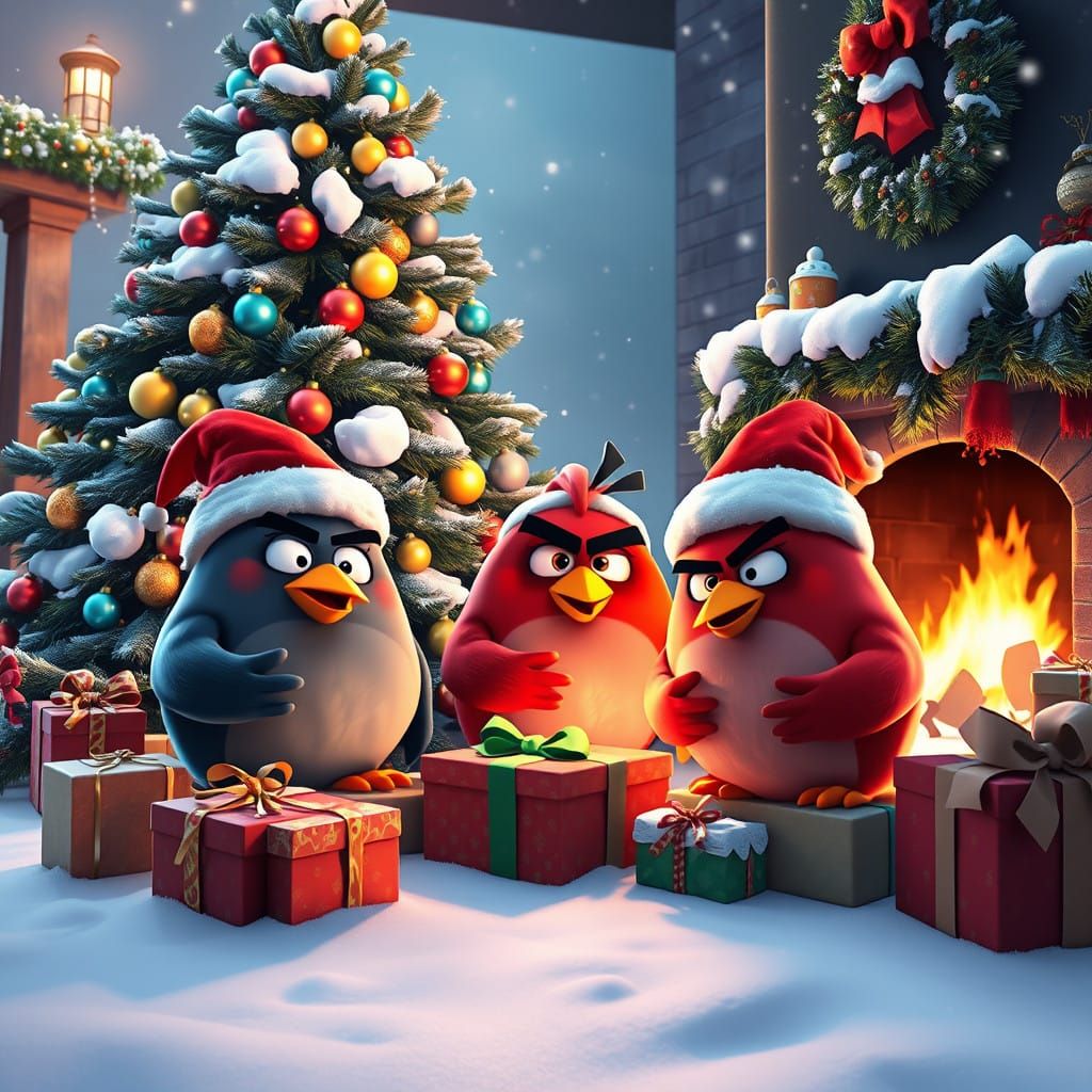 Whimsical Christmas Birds in Festive Wonderland Scene