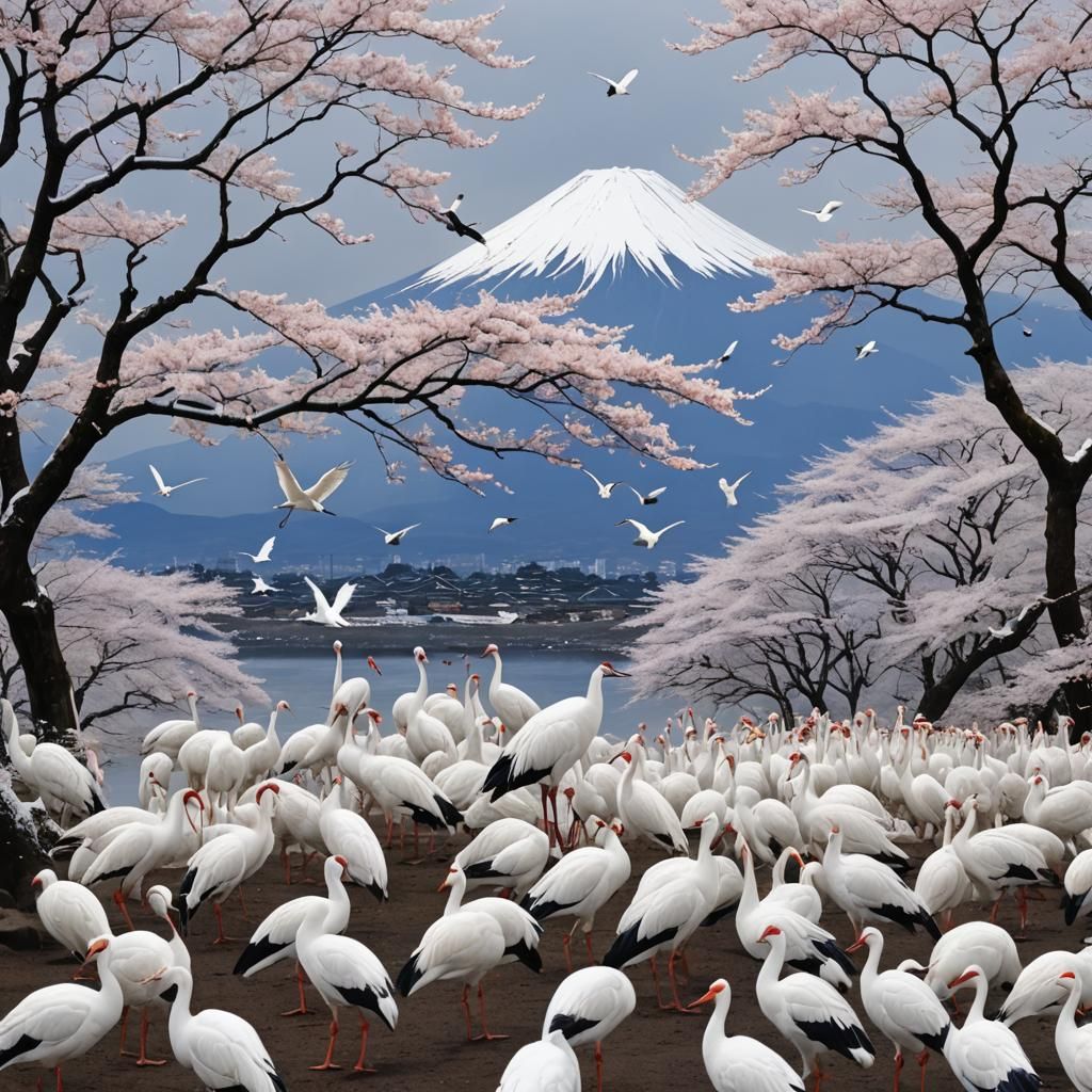Japanese Cranes in Winter, Mount Fuji Scene