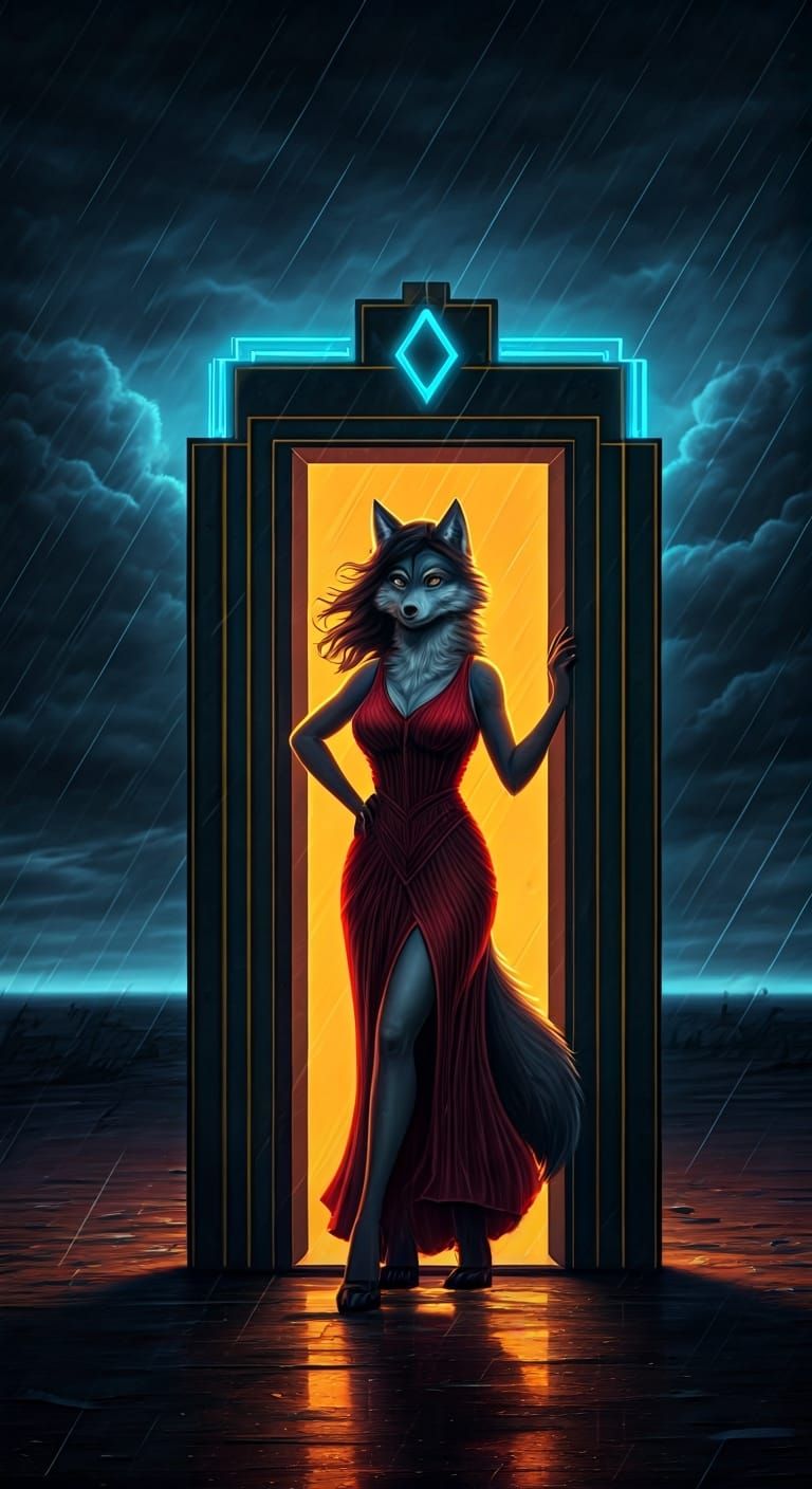 Confident Wolf Woman in Futuristic Art Deco Speakeasy