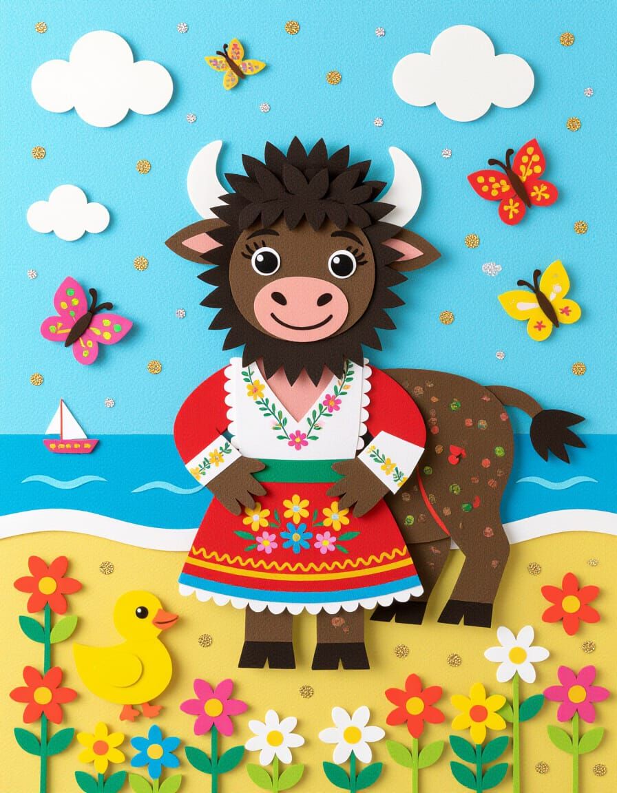 Colorful Felt Art Buffalo on Beach with Butterflies