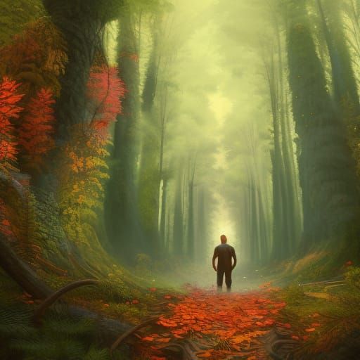 Man Ascending Forest Path: Vibrant Oil Painting