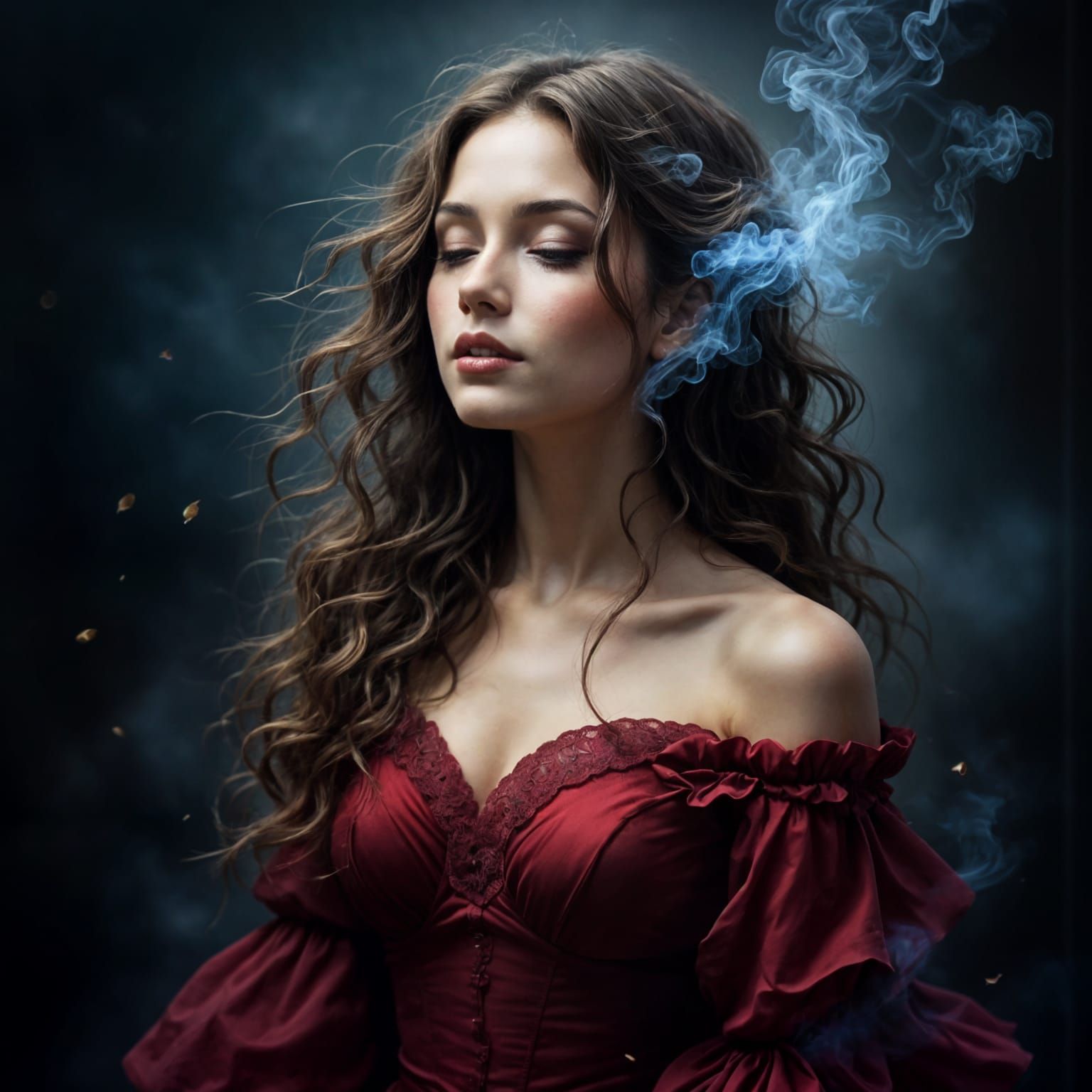 Ethereal Woman in Red Dress with Mystical Aura