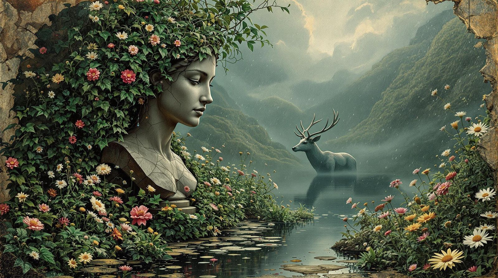 Ancient Bust Awakens in a Lush, Vibrant Garden Scene