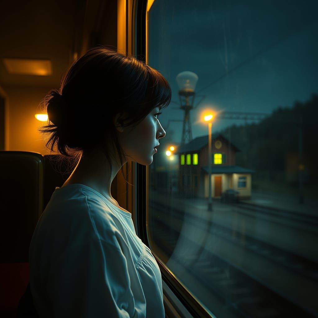 Girl Gazing Out Train Compartment Window at Night