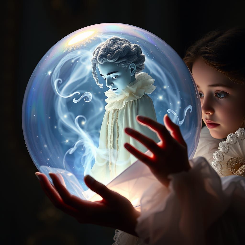 Surreal Pierrot in Luminous Crystal Orb