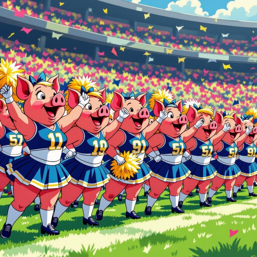 Pigs as Cheerleaders at Football Game in Cartoon Style