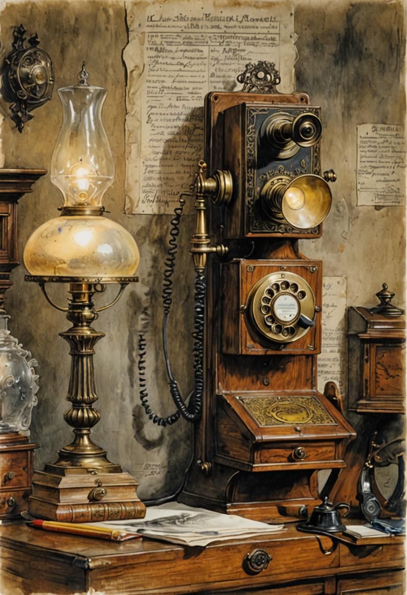 Antique 1880s Telephone Sketch in Watercolor