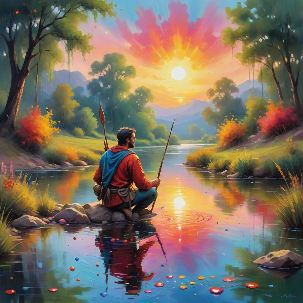 Man Paints Masterpiece with Spear in Heart, Surrounded by Su...