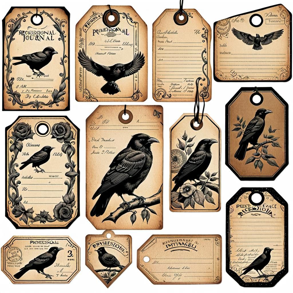 Vintage Shipping Tags with Raven Sketches