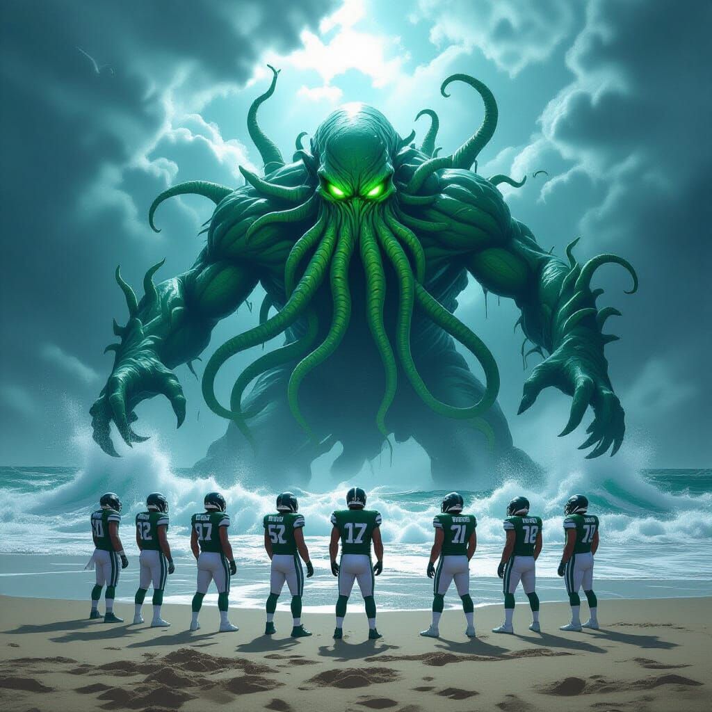Jets vs Cthulhu on Stormy Beach