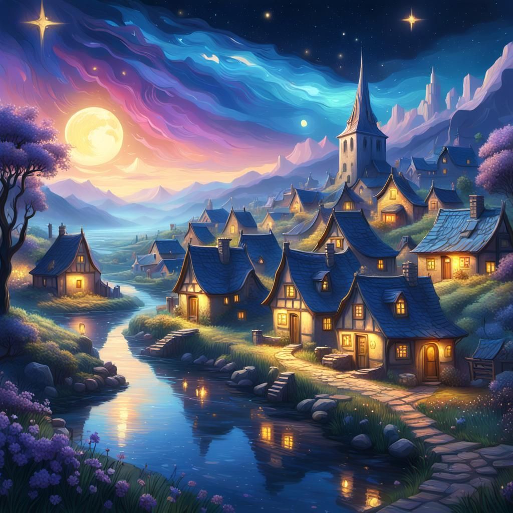 Starry Night Village: A Fantasy Digital Painting