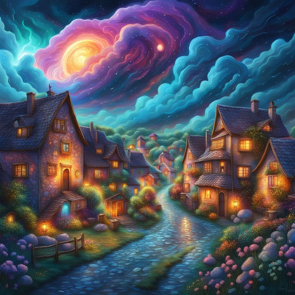 Stormclouds over Village: Cosmic Pablo Amaringo Style