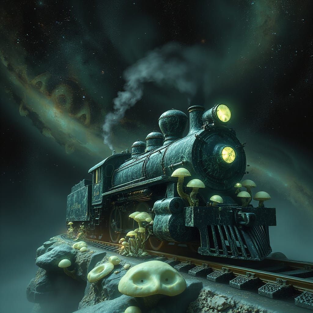 Obsidian Train with Bioluminescent Fungi in Cosmic Void