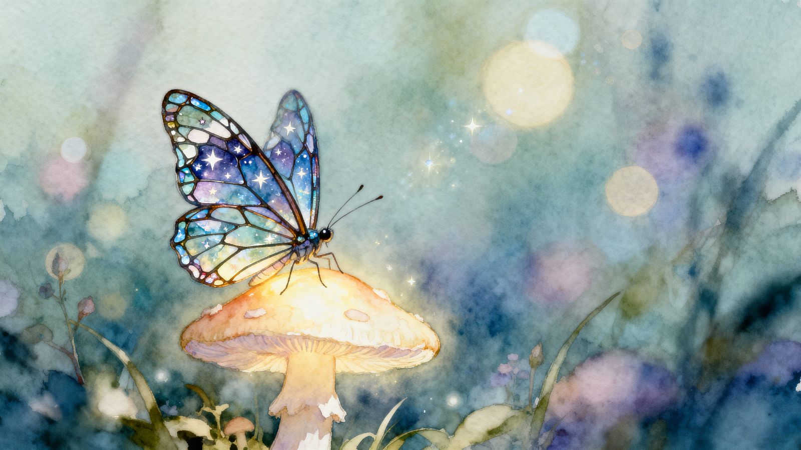 Butterfly on Glowing Mushroom Watercolor Illustration