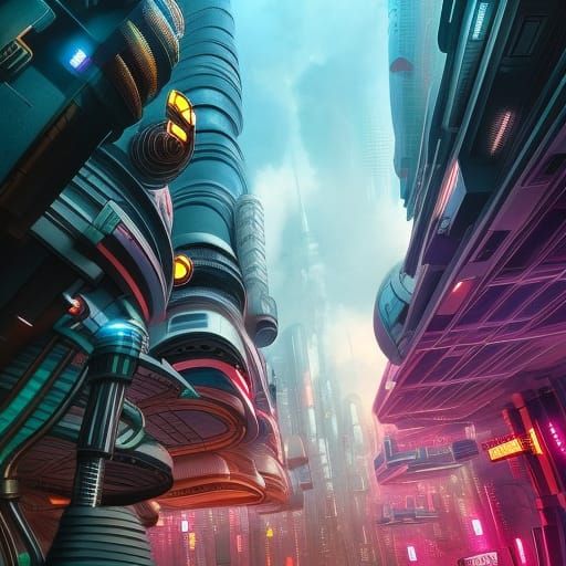 Futuristic Cityscape with Flying Buildings in Cyberpunk Styl...