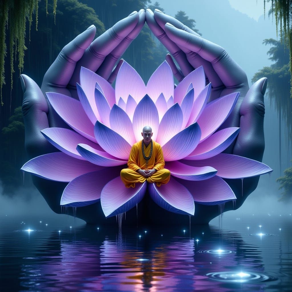 Monk Meditating in Giant Lotus Flower