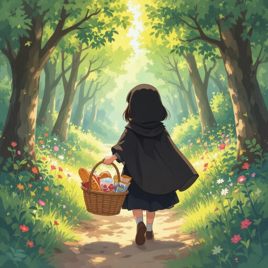Cartoon Girl in Black Cloak Walks Through Sunlit Forest