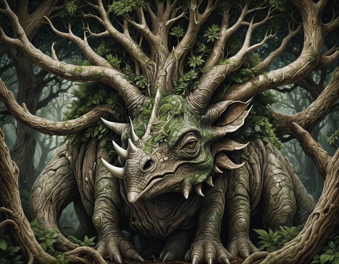Tree with Triceratops Face: Fantastical Illustration
